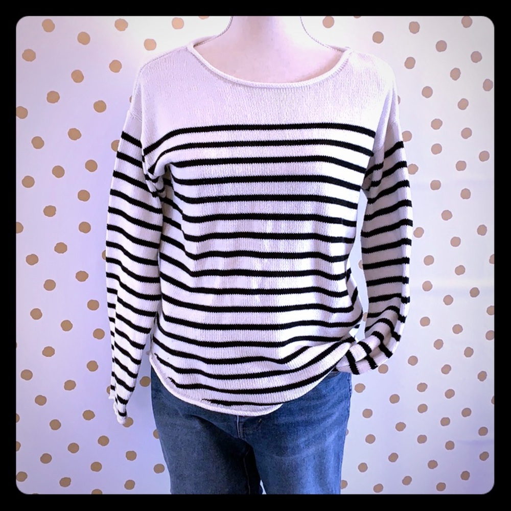 White and Black Stripped Knit Sweater. Size Medium